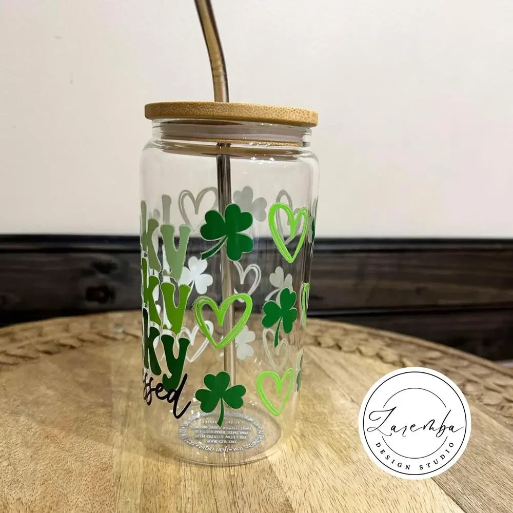 Lucky Lucky Lucky & Blessed Libbey Cup, St. Patrick's Day Beer Can Glass, Clover